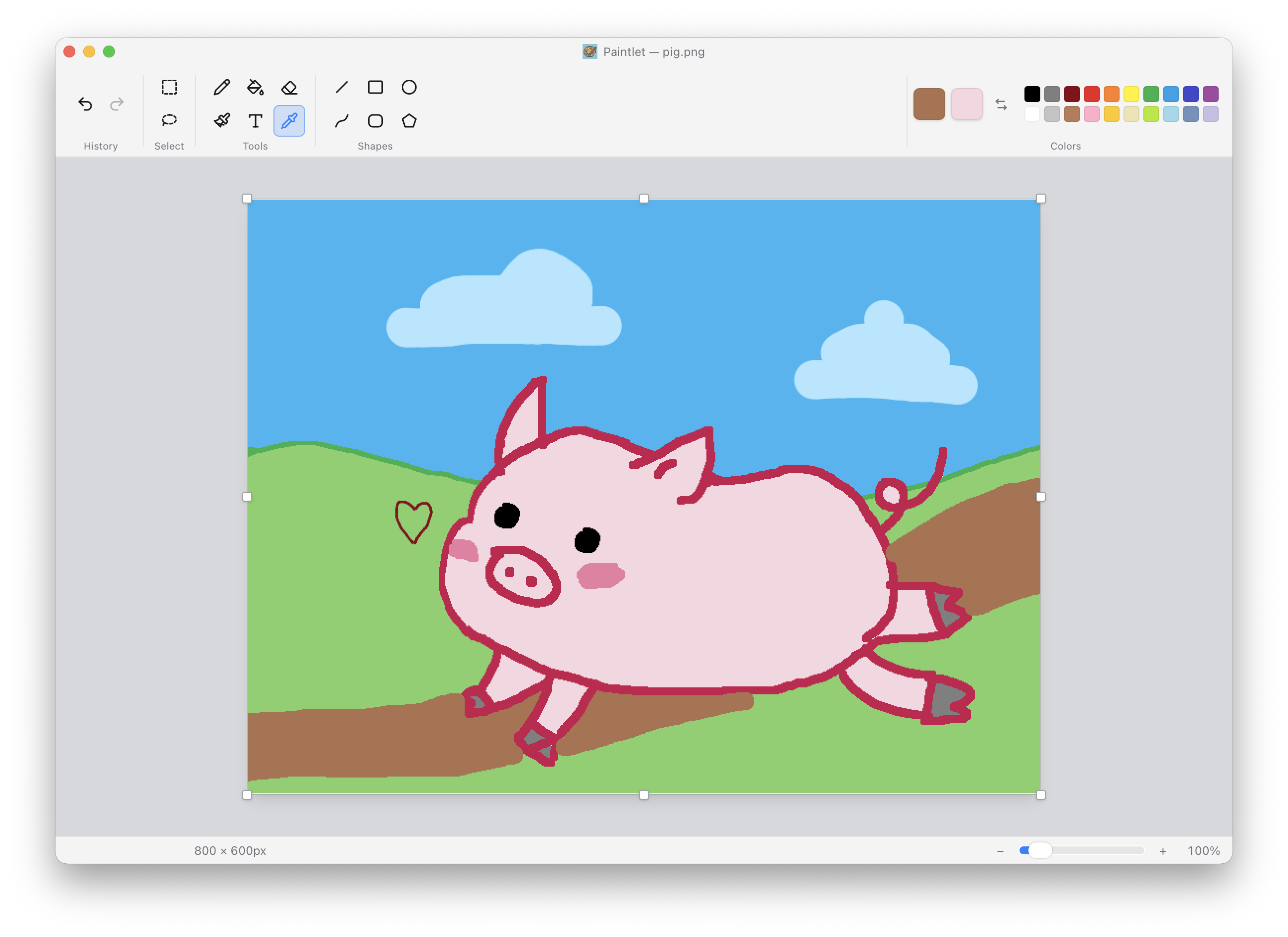 Paintlet editing a drawing of a pig on a hillside, showing the grouped ribbon, color palette, canvas, and status bar