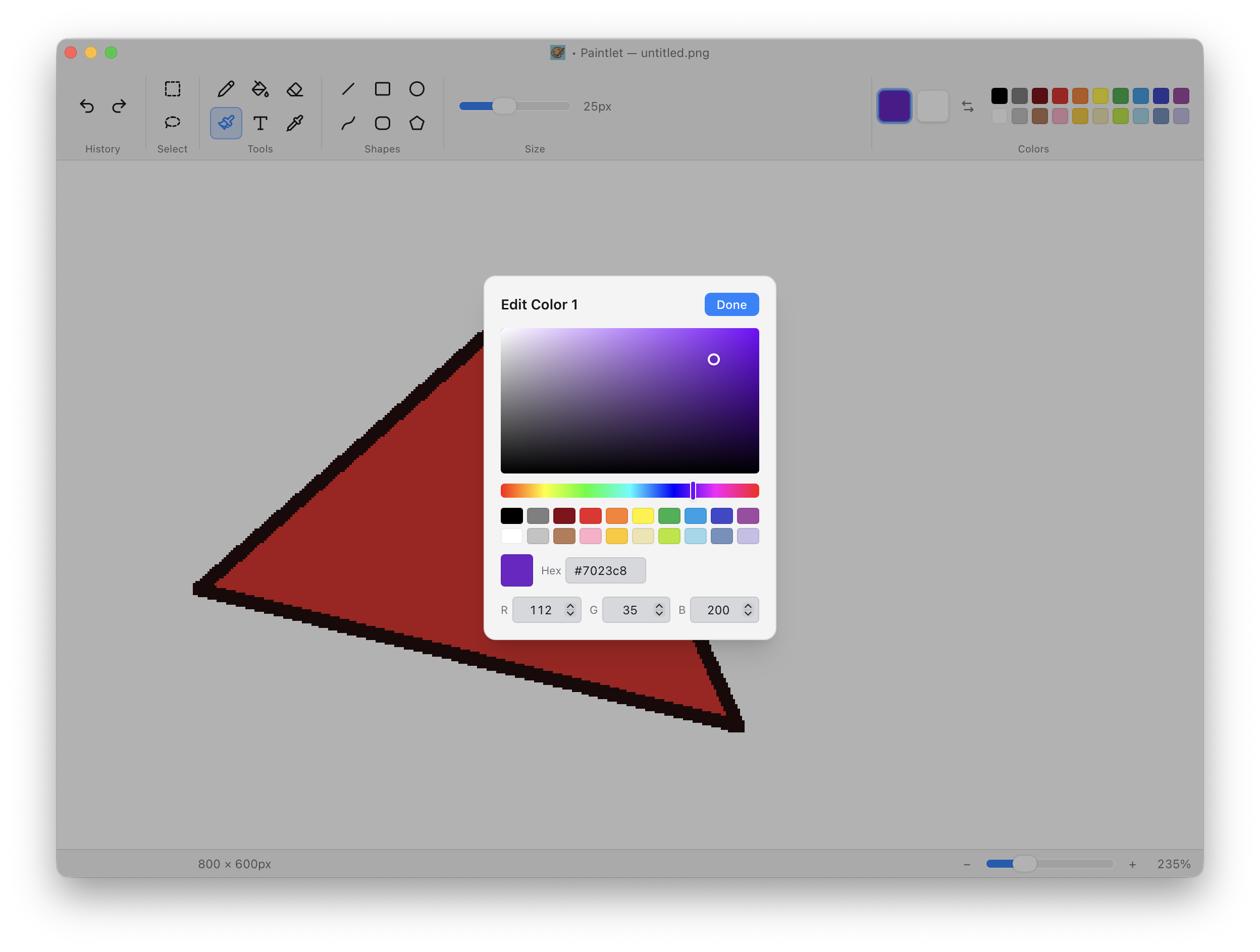 The in-app Edit Color picker with an HSV field, hue slider, MS Paint palette, and hex and RGB inputs