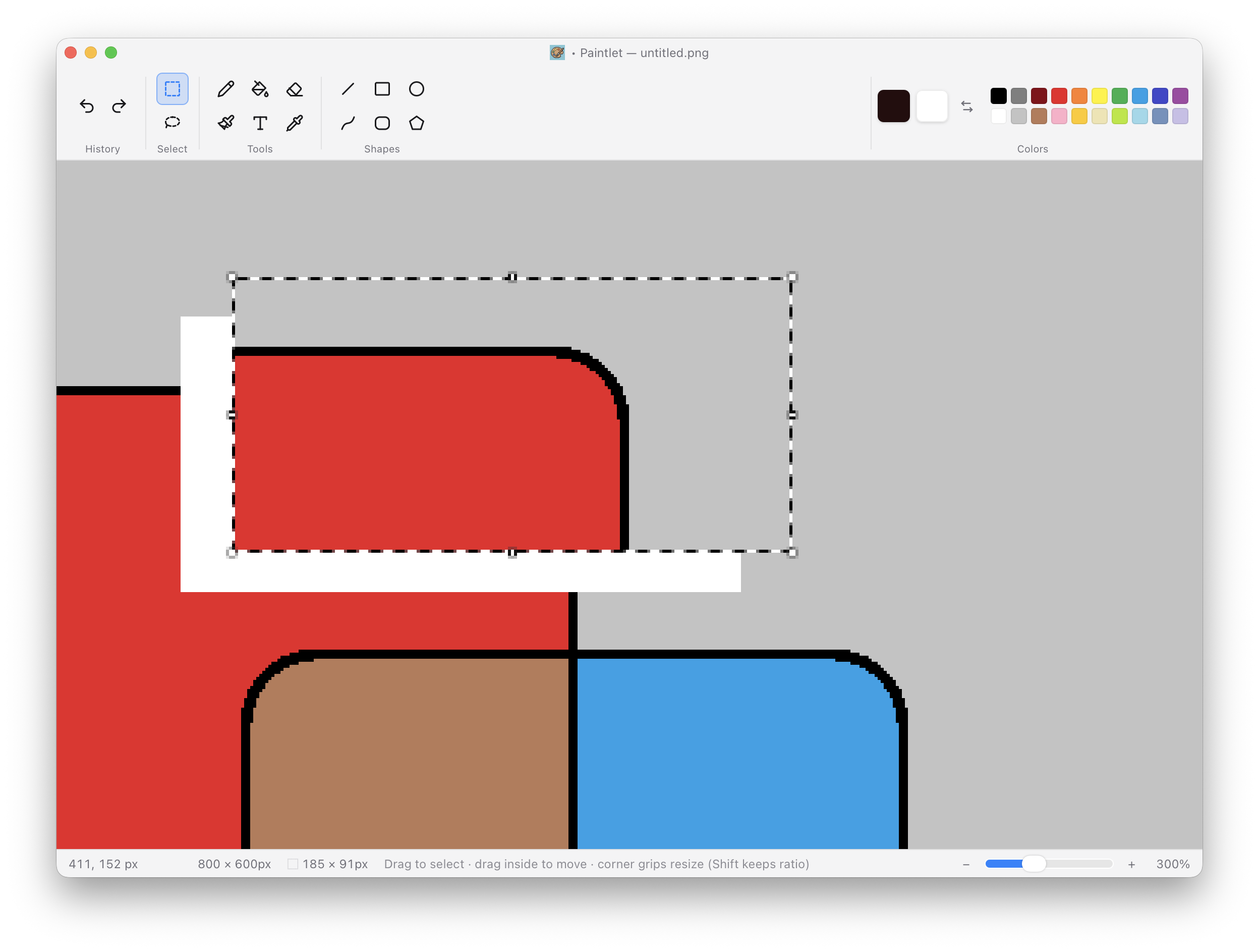 A rectangular selection marquee with eight resize grips, zoomed to 300 percent